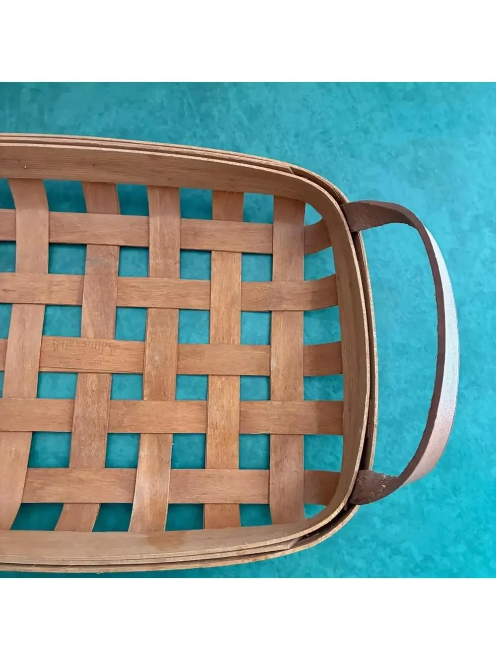 Gerald E Henn Tobacco Basket Tray Rectangular Woven Wood Leather Handles